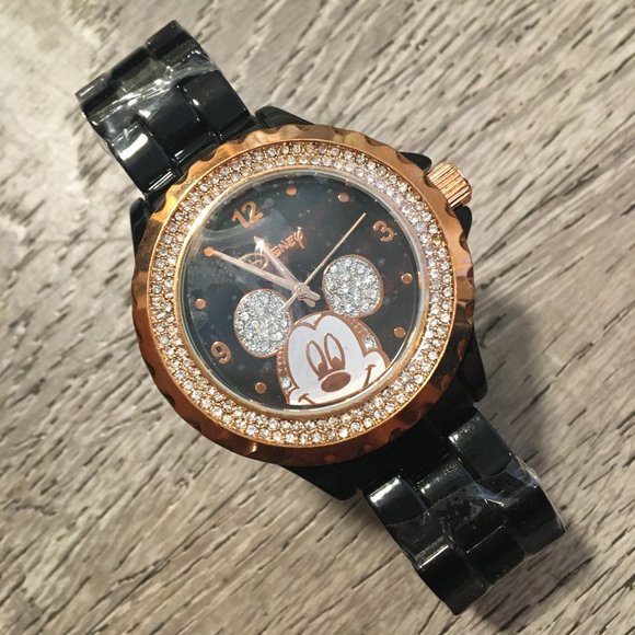 Watch Disney Women's Mickey Mouse Black Enamel Rhinestones Jewelry Bling NIB - Picture 15 of 16